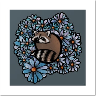 Sweet Raccoon In Flowerbed Posters and Art